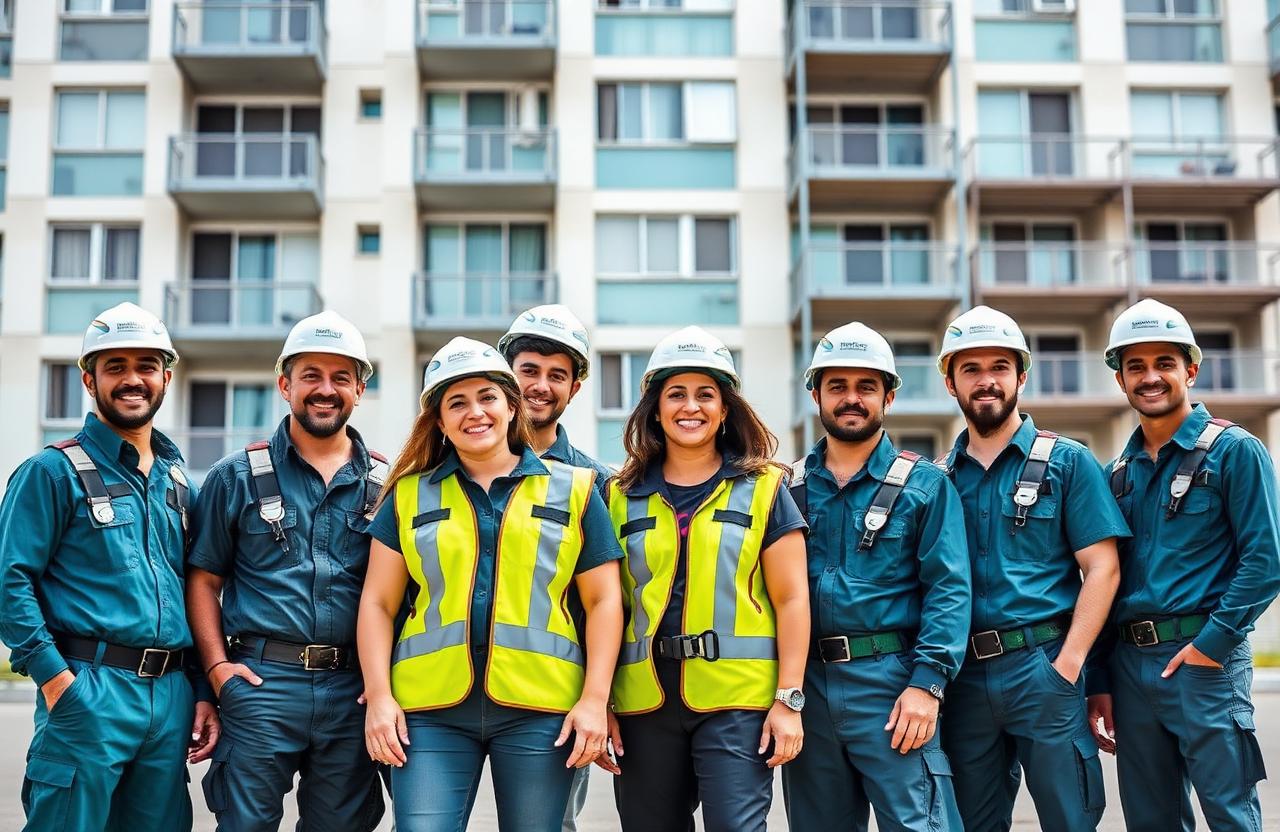 Equipe técnica da Esplendor Empreiteira em frente a obra de fachada