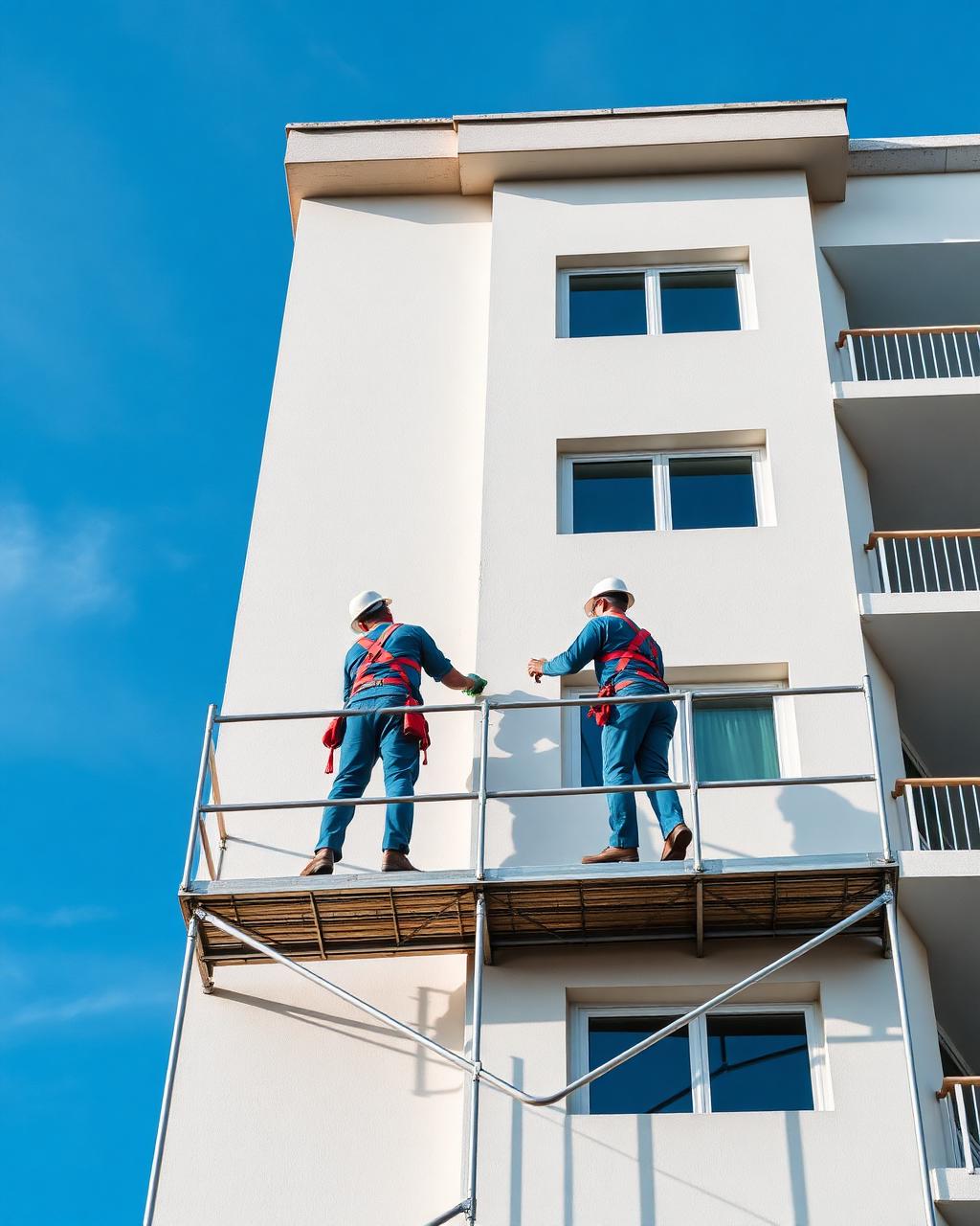 Equipe da Esplendor em balancim restaurando fachada de edifício residencial