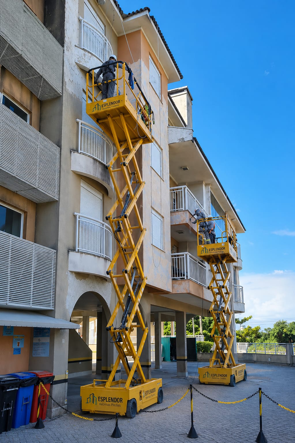 Duas plataformas elevatórias tesoura amarelas Esplendor operando lado a lado em fachada de condomínio
